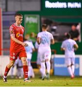 12 August 2025; JJ Lunney of Shelbourne reacts after his side conceded their second goal during the UEFA Europa League Third Qualifying Round 2nd Leg match between Shelbourne and Rijeka at Tolka Park in Dublin. Photo by Stephen McCarthy/Sportsfile
