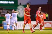 12 August 2025; John Martin of Shelbourne reacts after his side conceded their second goal during the UEFA Europa League Third Qualifying Round 2nd Leg match between Shelbourne and Rijeka at Tolka Park in Dublin. Photo by Stephen McCarthy/Sportsfile