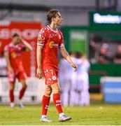 12 August 2025; Harry Wood of Shelbourne reacts after his side conceded their second goal during the UEFA Europa League Third Qualifying Round 2nd Leg match between Shelbourne and Rijeka at Tolka Park in Dublin. Photo by Stephen McCarthy/Sportsfile