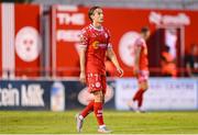 12 August 2025; Harry Wood of Shelbourne reacts after his side conceded their second goal during the UEFA Europa League Third Qualifying Round 2nd Leg match between Shelbourne and Rijeka at Tolka Park in Dublin. Photo by Stephen McCarthy/Sportsfile