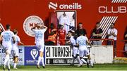 12 August 2025; Tiago Dantas of Rijeka celebrates with team-mates after scoring their side's second goal during the UEFA Europa League Third Qualifying Round 2nd Leg match between Shelbourne and Rijeka at Tolka Park in Dublin. Photo by Ben McShane/Sportsfile