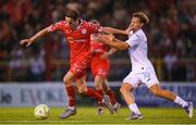12 August 2025; Harry Wood of Shelbourne in action against Toni Fruk of Rijeka during the UEFA Europa League Third Qualifying Round 2nd Leg match between Shelbourne and Rijeka at Tolka Park in Dublin. Photo by Stephen McCarthy/Sportsfile