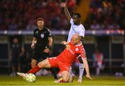 12 August 2025; Kerr McInroy of Shelbourne in action against Merveil Ndockyt of Rijeka during the UEFA Europa League Third Qualifying Round 2nd Leg match between Shelbourne and Rijeka at Tolka Park in Dublin. Photo by Stephen McCarthy/Sportsfile