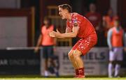12 August 2025; John Martin of Shelbourne reacts during the UEFA Europa League Third Qualifying Round 2nd Leg match between Shelbourne and Rijeka at Tolka Park in Dublin. Photo by Stephen McCarthy/Sportsfile