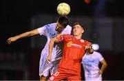12 August 2025; Stjepan Radeljic of Rijeka in action against John Martin of Shelbourne during the UEFA Europa League Third Qualifying Round 2nd Leg match between Shelbourne and Rijeka at Tolka Park in Dublin. Photo by Stephen McCarthy/Sportsfile