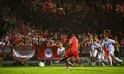 12 August 2025; Mipo Odubeko of Shelbourne shoots to score his side's first goal, a penalty, during the UEFA Europa League Third Qualifying Round 2nd Leg match between Shelbourne and Rijeka at Tolka Park in Dublin. Photo by Ben McShane/Sportsfile
