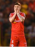 12 August 2025; Kameron Ledwidge of Shelbourne reacts during the UEFA Europa League Third Qualifying Round 2nd Leg match between Shelbourne and Rijeka at Tolka Park in Dublin. Photo by Stephen McCarthy/Sportsfile