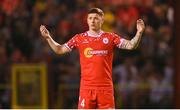 12 August 2025; Kameron Ledwidge of Shelbourne reacts during the UEFA Europa League Third Qualifying Round 2nd Leg match between Shelbourne and Rijeka at Tolka Park in Dublin. Photo by Stephen McCarthy/Sportsfile
