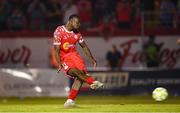 12 August 2025; Mipo Odubeko of Shelbourne shoots to score his side's first goal, a penalty,  during the UEFA Europa League Third Qualifying Round 2nd Leg match between Shelbourne and Rijeka at Tolka Park in Dublin. Photo by Stephen McCarthy/Sportsfile