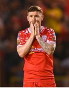 12 August 2025; Kameron Ledwidge of Shelbourne reacts during the UEFA Europa League Third Qualifying Round 2nd Leg match between Shelbourne and Rijeka at Tolka Park in Dublin. Photo by Stephen McCarthy/Sportsfile