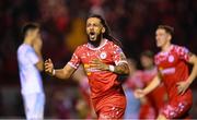 12 August 2025; Milan Mbeng of Shelbourne reacts after his side's first goal, scored by Mipo Odubeko, during the UEFA Europa League Third Qualifying Round 2nd Leg match between Shelbourne and Rijeka at Tolka Park in Dublin. Photo by Stephen McCarthy/Sportsfile
