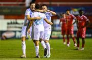 12 August 2025; Ante Orec of Rijeka celebrates with team-mates Stjepan Radeljic, left, and Mladen Devetak after scoring their side's third goal during the UEFA Europa League Third Qualifying Round 2nd Leg match between Shelbourne and Rijeka at Tolka Park in Dublin. Photo by Ben McShane/Sportsfile