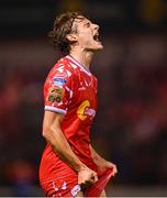 12 August 2025; Harry Wood of Shelbourne reacts at the final whistle of his side's defeat in the UEFA Europa League Third Qualifying Round 2nd Leg match between Shelbourne and Rijeka at Tolka Park in Dublin. Photo by Stephen McCarthy/Sportsfile