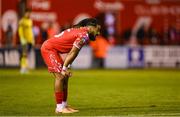 12 August 2025; Milan Mbeng of Shelbourne reacts after his side conceded their third goal during the UEFA Europa League Third Qualifying Round 2nd Leg match between Shelbourne and Rijeka at Tolka Park in Dublin. Photo by Stephen McCarthy/Sportsfile
