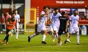 12 August 2025; Ante Orec of Rijeka celebrates after scoring his side's third goal during the UEFA Europa League Third Qualifying Round 2nd Leg match between Shelbourne and Rijeka at Tolka Park in Dublin. Photo by Ben McShane/Sportsfile