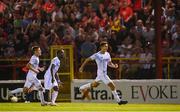 12 August 2025; Ante Orec of Rijeka, right, celebrates after scoring his side's third goal during the UEFA Europa League Third Qualifying Round 2nd Leg match between Shelbourne and Rijeka at Tolka Park in Dublin. Photo by Stephen McCarthy/Sportsfile