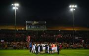 12 August 2025; Rijeka players celebrate after the UEFA Europa League Third Qualifying Round 2nd Leg match between Shelbourne and Rijeka at Tolka Park in Dublin. Photo by Ben McShane/Sportsfile