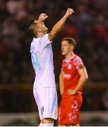 12 August 2025; Mladen Devetak of Rijeka celebrates at the final whistle of the UEFA Europa League Third Qualifying Round 2nd Leg match between Shelbourne and Rijeka at Tolka Park in Dublin. Photo by Stephen McCarthy/Sportsfile