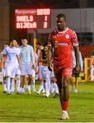 12 August 2025; Mipo Odubeko of Shelbourne after his side's defeat in the UEFA Europa League Third Qualifying Round 2nd Leg match between Shelbourne and Rijeka at Tolka Park in Dublin. Photo by Stephen McCarthy/Sportsfile