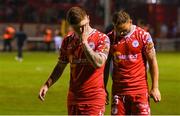 12 August 2025; Kameron Ledwidge, left, and Paddy Barrett of Shelbourne after their side's defeat in the UEFA Europa League Third Qualifying Round 2nd Leg match between Shelbourne and Rijeka at Tolka Park in Dublin. Photo by Stephen McCarthy/Sportsfile