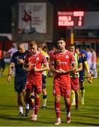 12 August 2025; Ellis Chapman, centre, and Daniel Kelly of Shelbourne after their side's defeat in the UEFA Europa League Third Qualifying Round 2nd Leg match between Shelbourne and Rijeka at Tolka Park in Dublin. Photo by Stephen McCarthy/Sportsfile