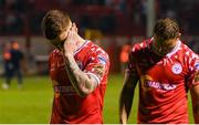 12 August 2025; Kameron Ledwidge, left, and Paddy Barrett of Shelbourne after the UEFA Europa League Third Qualifying Round 2nd Leg match between Shelbourne and Rijeka at Tolka Park in Dublin. Photo by Stephen McCarthy/Sportsfile