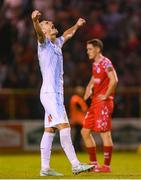 12 August 2025; Mladen Devetak of Rijeka celebrates at the final whistle of the UEFA Europa League Third Qualifying Round 2nd Leg match between Shelbourne and Rijeka at Tolka Park in Dublin. Photo by Stephen McCarthy/Sportsfile
