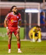 12 August 2025; Milan Mbeng of Shelbourne after his side's defeat in the UEFA Europa League Third Qualifying Round 2nd Leg match between Shelbourne and Rijeka at Tolka Park in Dublin. Photo by Stephen McCarthy/Sportsfile