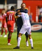 12 August 2025; Rijeka manager Radomir Dalovic, right, celebrates with Ante Orec of Rijeka after the UEFA Europa League Third Qualifying Round 2nd Leg match between Shelbourne and Rijeka at Tolka Park in Dublin. Photo by Ben McShane/Sportsfile