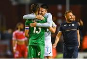 12 August 2025; Rijeka players Ante Matej Juric, right, and Martin Zlomislic celebrate after the UEFA Europa League Third Qualifying Round 2nd Leg match between Shelbourne and Rijeka at Tolka Park in Dublin. Photo by Ben McShane/Sportsfile