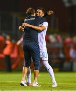 12 August 2025; Damir Kreilach of Rijeka, right, celebrates with Rijeka manager Radomir Dalovic after the UEFA Europa League Third Qualifying Round 2nd Leg match between Shelbourne and Rijeka at Tolka Park in Dublin. Photo by Ben McShane/Sportsfile