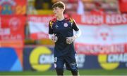 12 August 2025; Shelbourne goalkeeper Finn Moylan warms-up before the UEFA Europa League Third Qualifying Round 2nd Leg match between Shelbourne and Rijeka at Tolka Park in Dublin. Photo by Stephen McCarthy/Sportsfile