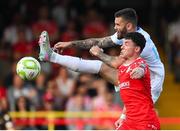 12 August 2025; Ali Coote of Shelbourne in action against Ante Majstorovic of Rijeka during the UEFA Europa League Third Qualifying Round 2nd Leg match between Shelbourne and Rijeka at Tolka Park in Dublin. Photo by Stephen McCarthy/Sportsfile
