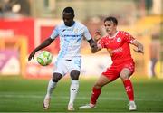 12 August 2025; Merveil Ndockyt of Rijeka in action against James Norris of Shelbourne during the UEFA Europa League Third Qualifying Round 2nd Leg match between Shelbourne and Rijeka at Tolka Park in Dublin. Photo by Stephen McCarthy/Sportsfile