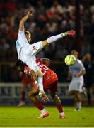 12 August 2025; Justas Lasickas of Rijeka in action against Milan Mbeng of Shelbourne during the UEFA Europa League Third Qualifying Round 2nd Leg match between Shelbourne and Rijeka at Tolka Park in Dublin. Photo by Stephen McCarthy/Sportsfile