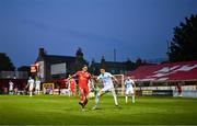 12 August 2025; Harry Wood of Shelbourne in action against Niko Jankovic of Rijeka during the UEFA Europa League Third Qualifying Round 2nd Leg match between Shelbourne and Rijeka at Tolka Park in Dublin. Photo by Stephen McCarthy/Sportsfile