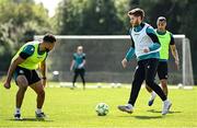 13 August 2025; Connor Malley, right, during a Shamrock Rovers training session at Roadstone Group Sports Club in Dublin. Photo by Seb Daly/Sportsfile