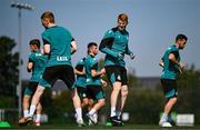 13 August 2025; Rory Gaffney, second from left, during a Shamrock Rovers training session at Roadstone Group Sports Club in Dublin. Photo by Seb Daly/Sportsfile