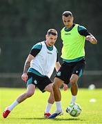 13 August 2025; Graham Burke, right, and Trevor Clarke during a Shamrock Rovers training session at Roadstone Group Sports Club in Dublin. Photo by Seb Daly/Sportsfile