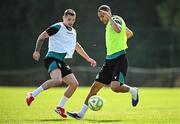 13 August 2025; Graham Burke, right, and Trevor Clarke during a Shamrock Rovers training session at Roadstone Group Sports Club in Dublin. Photo by Seb Daly/Sportsfile
