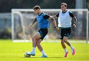 13 August 2025; Lee Grace, left, and Danny Grant during a Shamrock Rovers training session at Roadstone Group Sports Club in Dublin. Photo by Seb Daly/Sportsfile