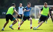 13 August 2025; Trevor Clarke, centre, in action against Roberto Lopes, left, and Darragh Nugent during a Shamrock Rovers training session at Roadstone Group Sports Club in Dublin. Photo by Seb Daly/Sportsfile