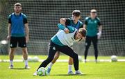 13 August 2025; Connor Malley, front, and Cian Barrett during a Shamrock Rovers training session at Roadstone Group Sports Club in Dublin. Photo by Seb Daly/Sportsfile