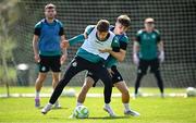 13 August 2025; Connor Malley, front, and Cian Barrett during a Shamrock Rovers training session at Roadstone Group Sports Club in Dublin. Photo by Seb Daly/Sportsfile