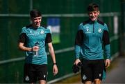 13 August 2025; Cory O'Sullivan, left, and Cian Barrett before a Shamrock Rovers training session at Roadstone Group Sports Club in Dublin. Photo by Seb Daly/Sportsfile