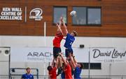 13 August 2025; Eoin Farrell of Leinster in action against Conor McLoughlin of Munster during the PwC U-18 Boys Interprovincial Series match between Leinster and Munster at Energia Park in Dublin. Photo by Tyler Miller/Sportsfile