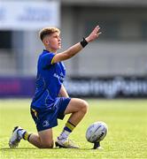 13 August 2025; Harrison McMahon of Leinster prepares to kick a conversion during the PwC U-18 Boys Interprovincial Series match between Leinster and Munster at Energia Park in Dublin. Photo by Tyler Miller/Sportsfile