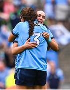 3 August 2025; Dublin players Sinéad Goldrick, behind, and Leah Caffrey celebrate after victory in the TG4 All-Ireland Ladies Football Senior Championship final match between Dublin and Meath at Croke Park in Dublin. Photo by Piaras Ó Mídheach/Sportsfile