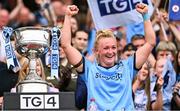 3 August 2025; Dublin captain Carla Rowe celebrates before lifting the Brendan Martin Cup after the TG4 All-Ireland Ladies Football Senior Championship final match between Dublin and Meath at Croke Park in Dublin. Photo by Piaras Ó Mídheach/Sportsfile