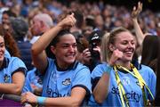3 August 2025; Dublin players Sinéad Goldrick, left, and Nicole Owens celebrate after the TG4 All-Ireland Ladies Football Senior Championship final match between Dublin and Meath at Croke Park in Dublin. Photo by Piaras Ó Mídheach/Sportsfile